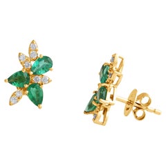 Emerald Pear Shape and Diamond Stud Earring in 18k Yellow Gold