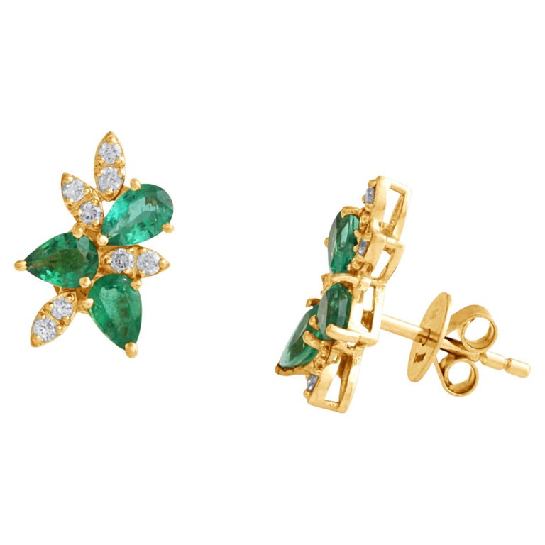 Emerald Pear Shape and Diamond Stud Earring in 18k Yellow Gold For Sale at  1stDibs