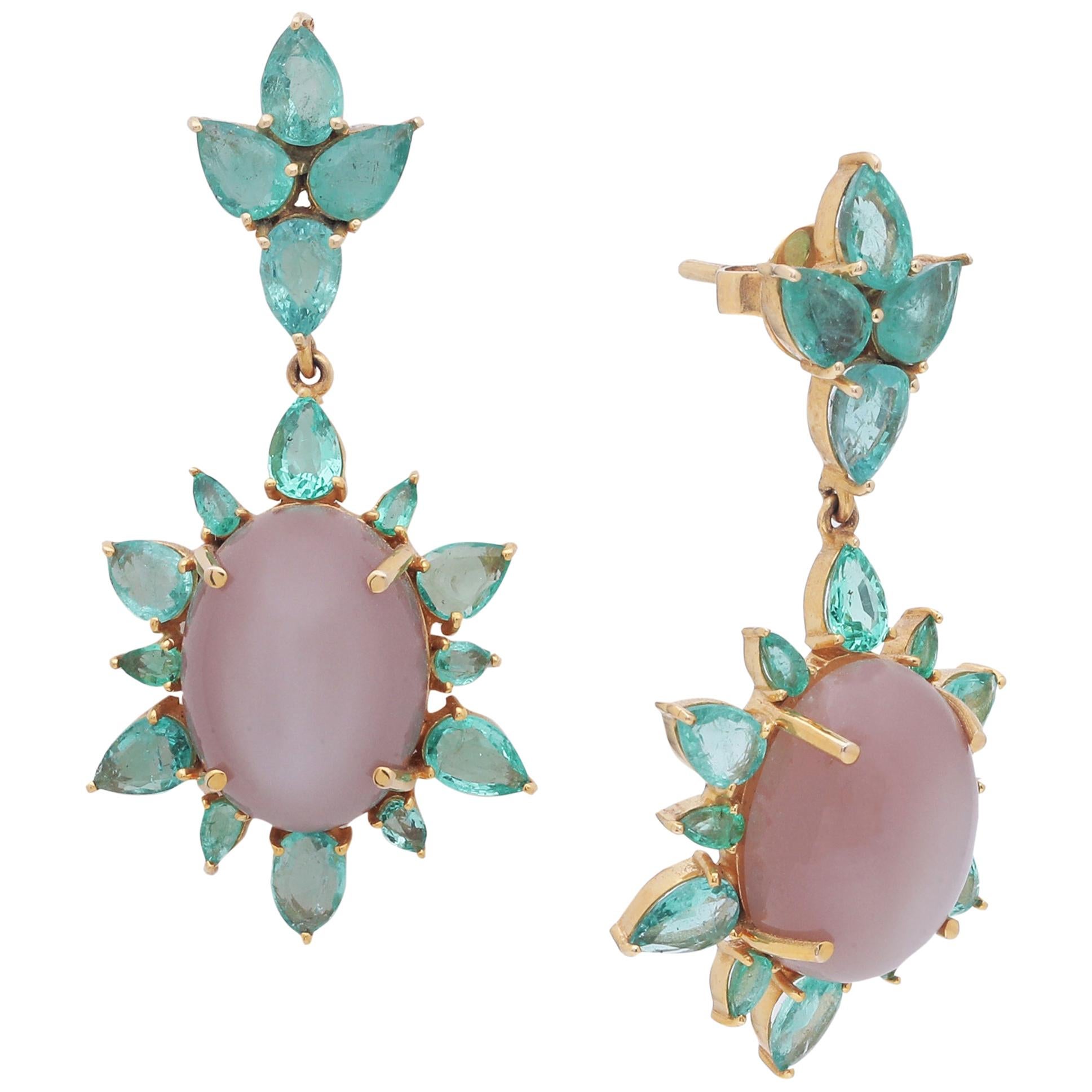 Emerald Pear Shape and Moonstone Cabochon Earring Handcrafted in 18 Karat Gold For Sale