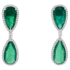 Emerald Pear Shape and White Diamond Dangle Earrings in Platinum