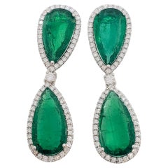 Emerald Pear Shape and White Diamond Dangle Earrings in Platinum