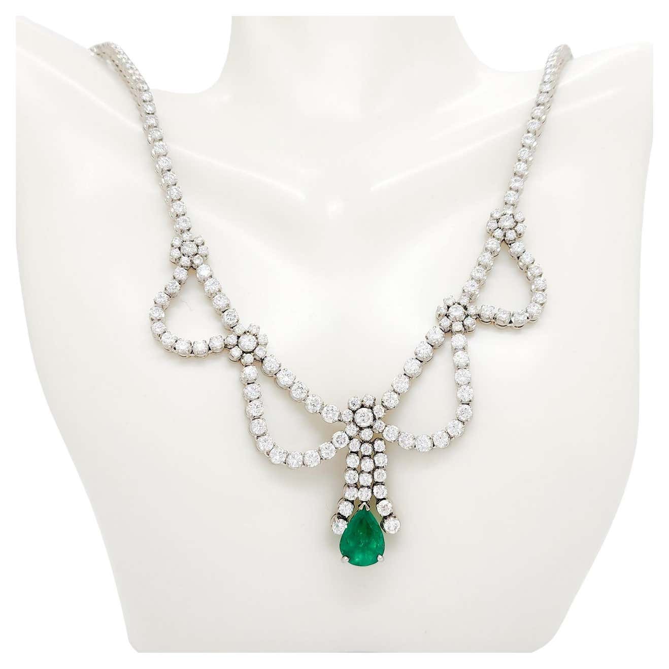 Emerald Pear Shape and White Diamond Dangle Necklace in 18k White Gold ...