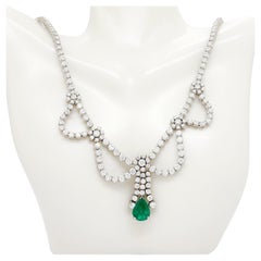 Emerald Pear Shape and White Diamond Dangle Necklace in 18k White Gold