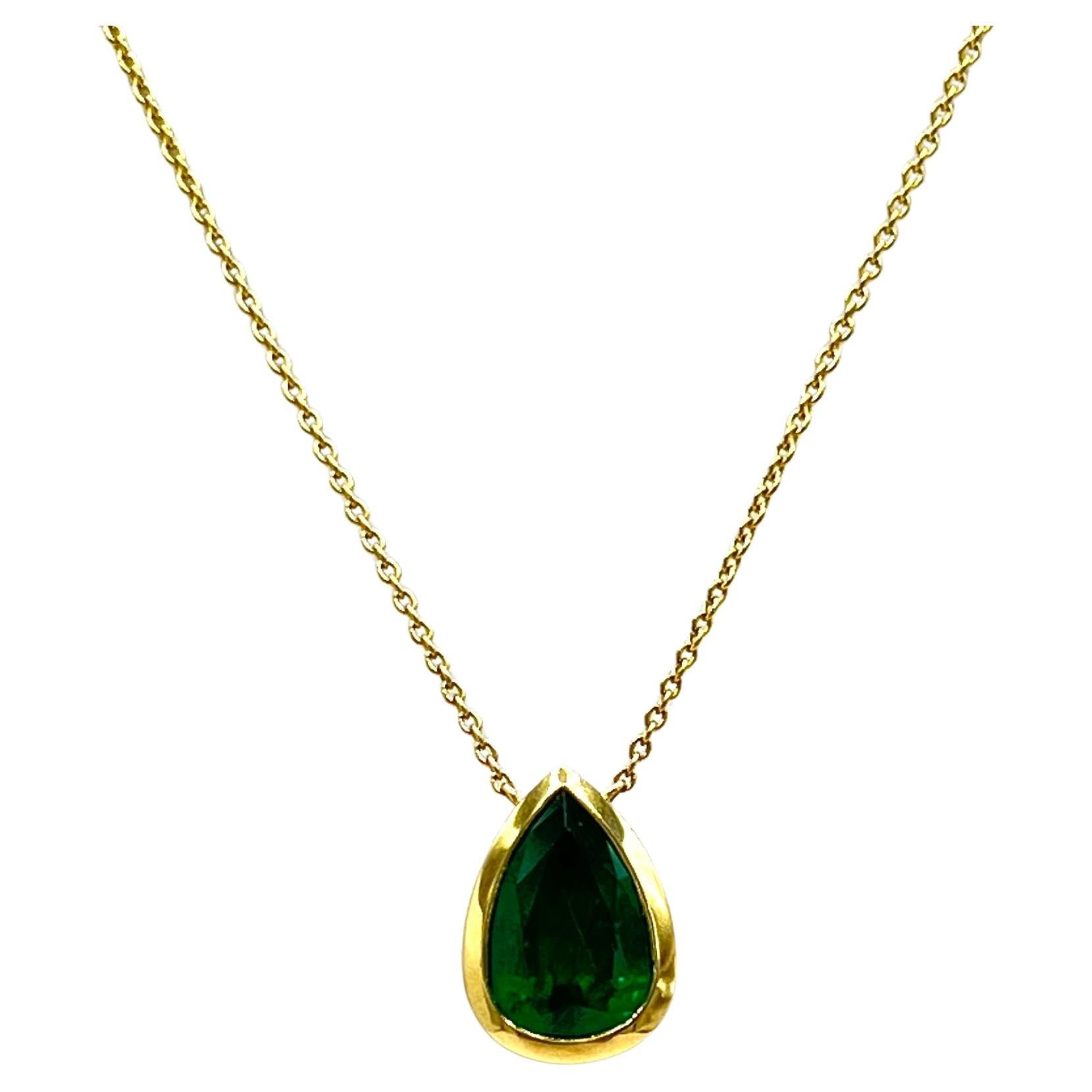 Emerald Pear Shape Bezel Necklace in 18K Yellow Gold