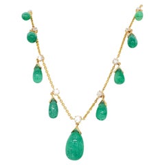Emerald Pear Shape Drop and White Diamond Necklace in 18k Yellow Gold