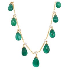 Emerald Pear Shape Drop and White Diamond Necklace in 18k Yellow Gold