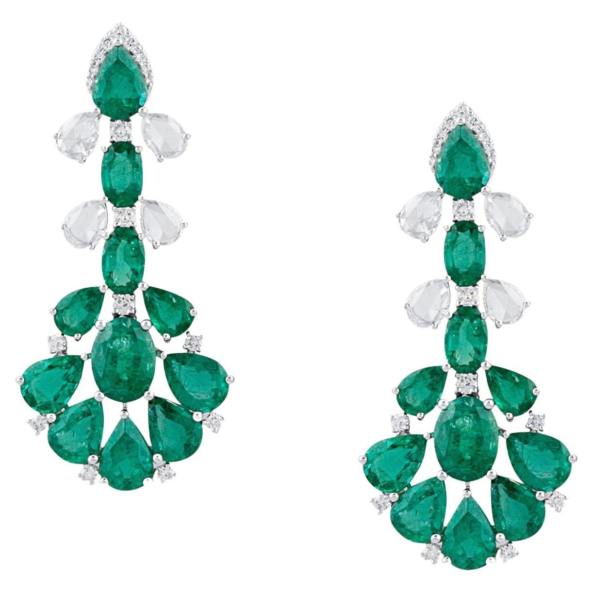 Emerald Pear Shape & Oval and Diamond Earring in 18K White Gold