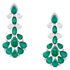 Emerald Pear Shape & Oval and Diamond Earring in 18K White Gold