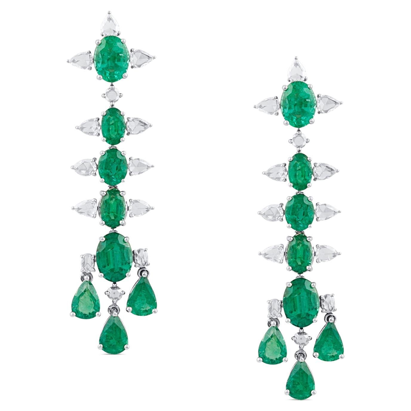 Emerald Pear Shape & Oval and Diamond Earring in 18K White Gold For Sale