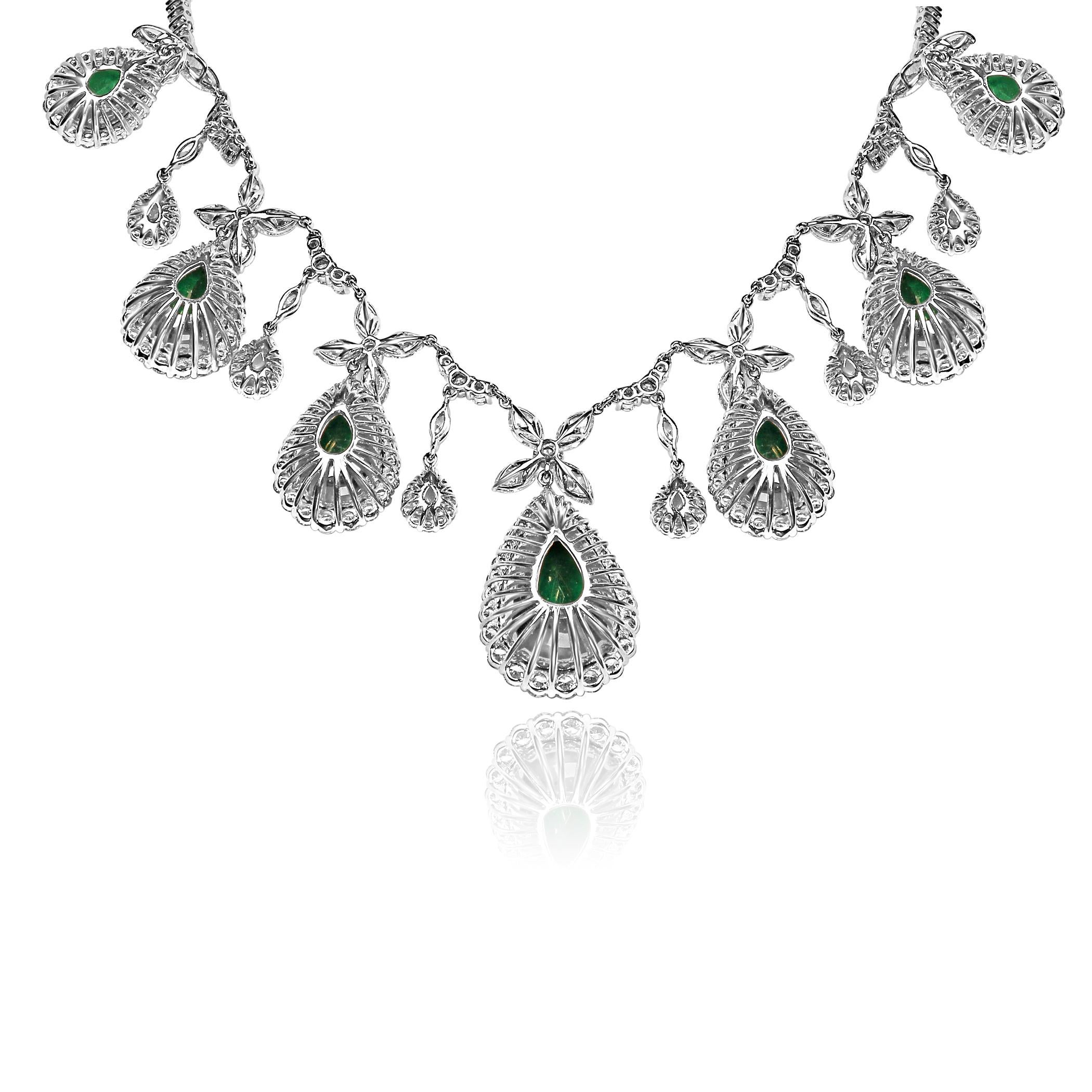 Artisan Emerald Pear Shape White Diamond Round and Marquis Halo Two-Color Gold Necklace