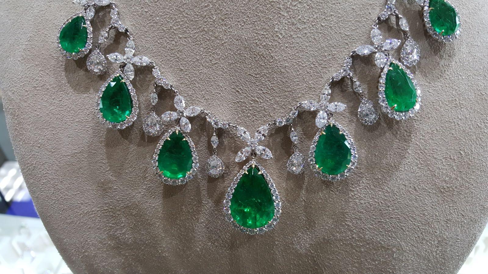 Emerald Pear Shape White Diamond Round and Marquis Halo Two-Color Gold Necklace In New Condition In NEW YORK, NY