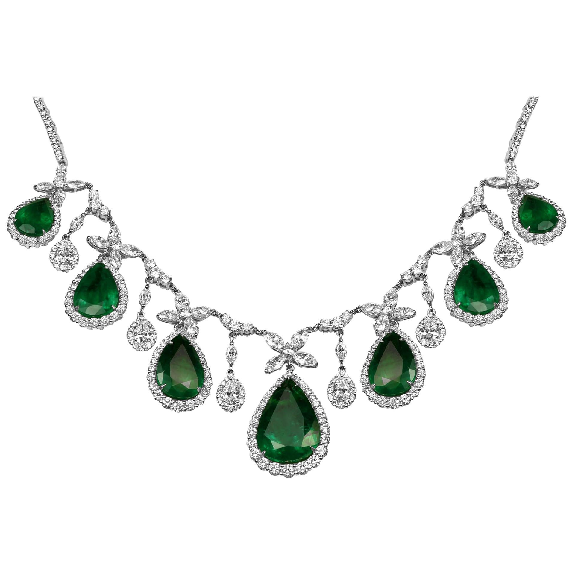 Emerald Pear Shape White Diamond Round and Marquis Halo Two-Color Gold Necklace