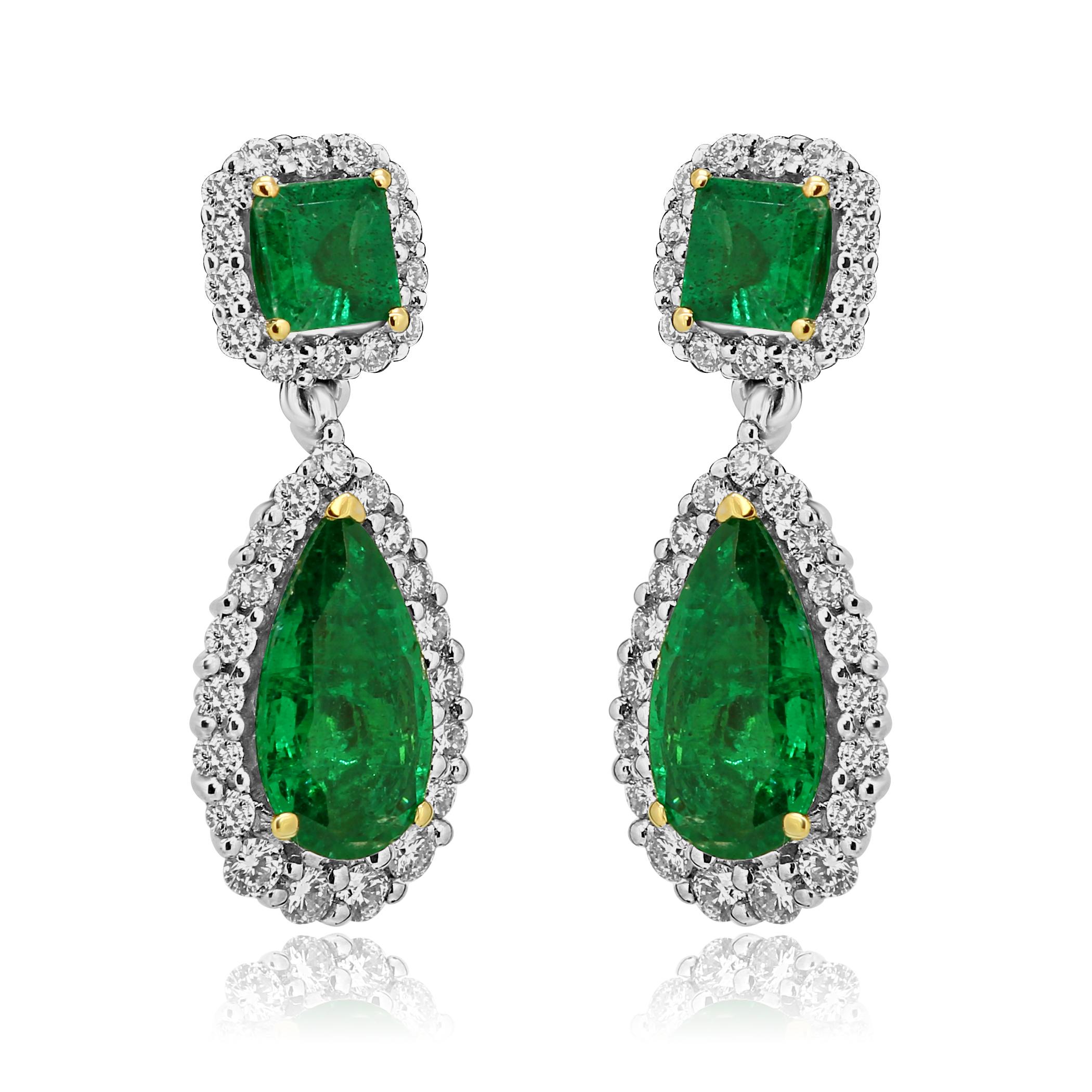 2 Emerald Pear Shape 2.06 Carat and 2 Emerald Squares  0.85 Carat Encircled in a Single Halo of White Round Brilliant Diamonds in Stunning Hand Made 14K White and Yellow Gold Dangle Drop Earrings.

Style available in different price ranges. Prices