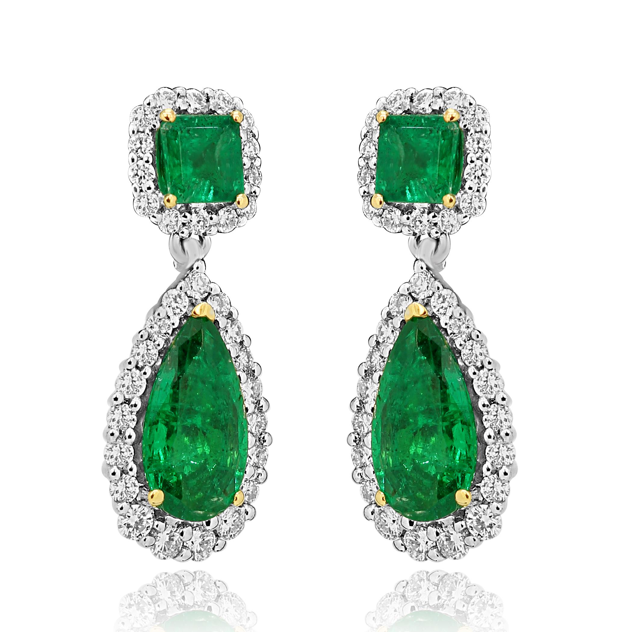 Modern Emerald Pear White Diamond Halo Two-Color Gold Dangle Drop Earring