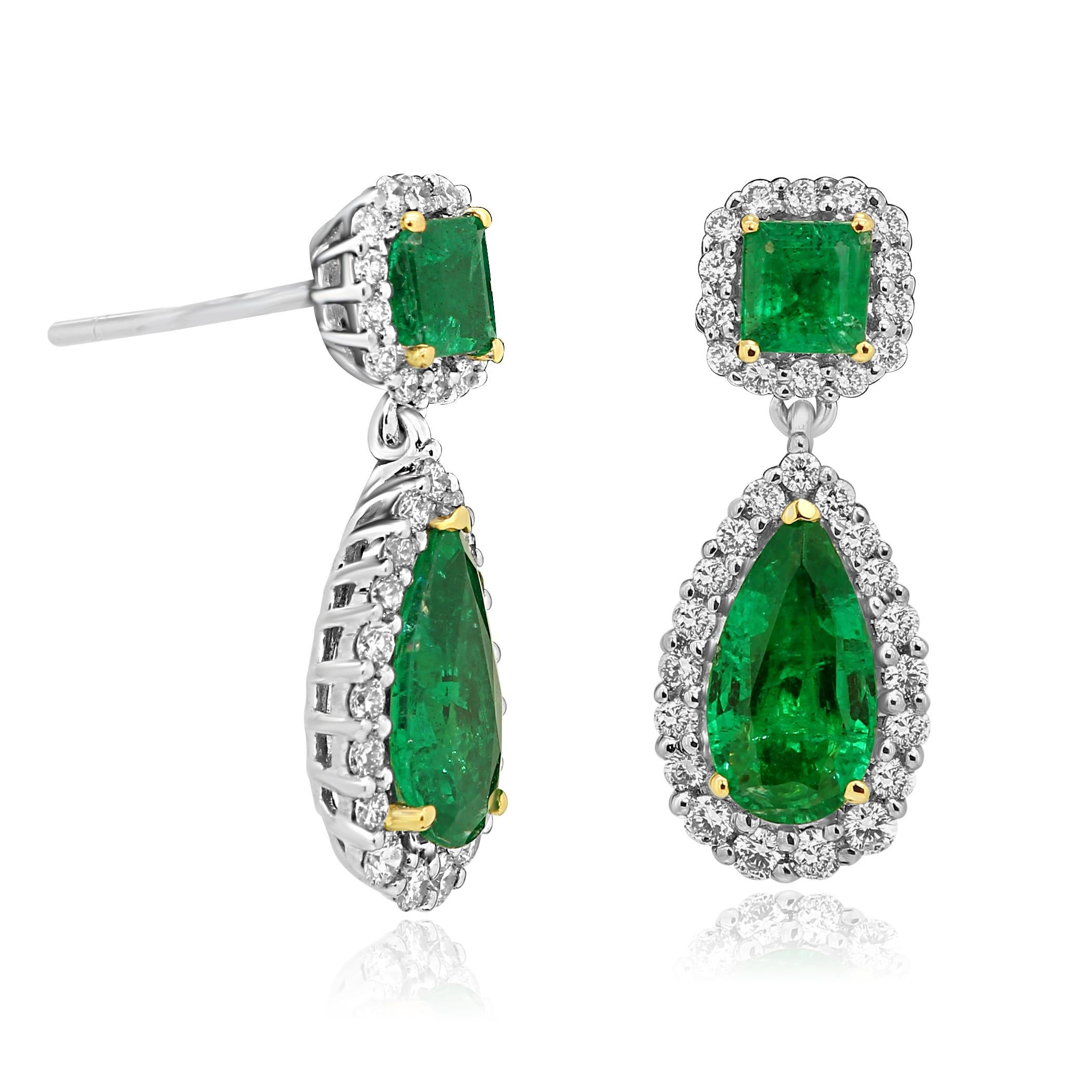 Pear Cut Emerald Pear White Diamond Halo Two-Color Gold Dangle Drop Earring