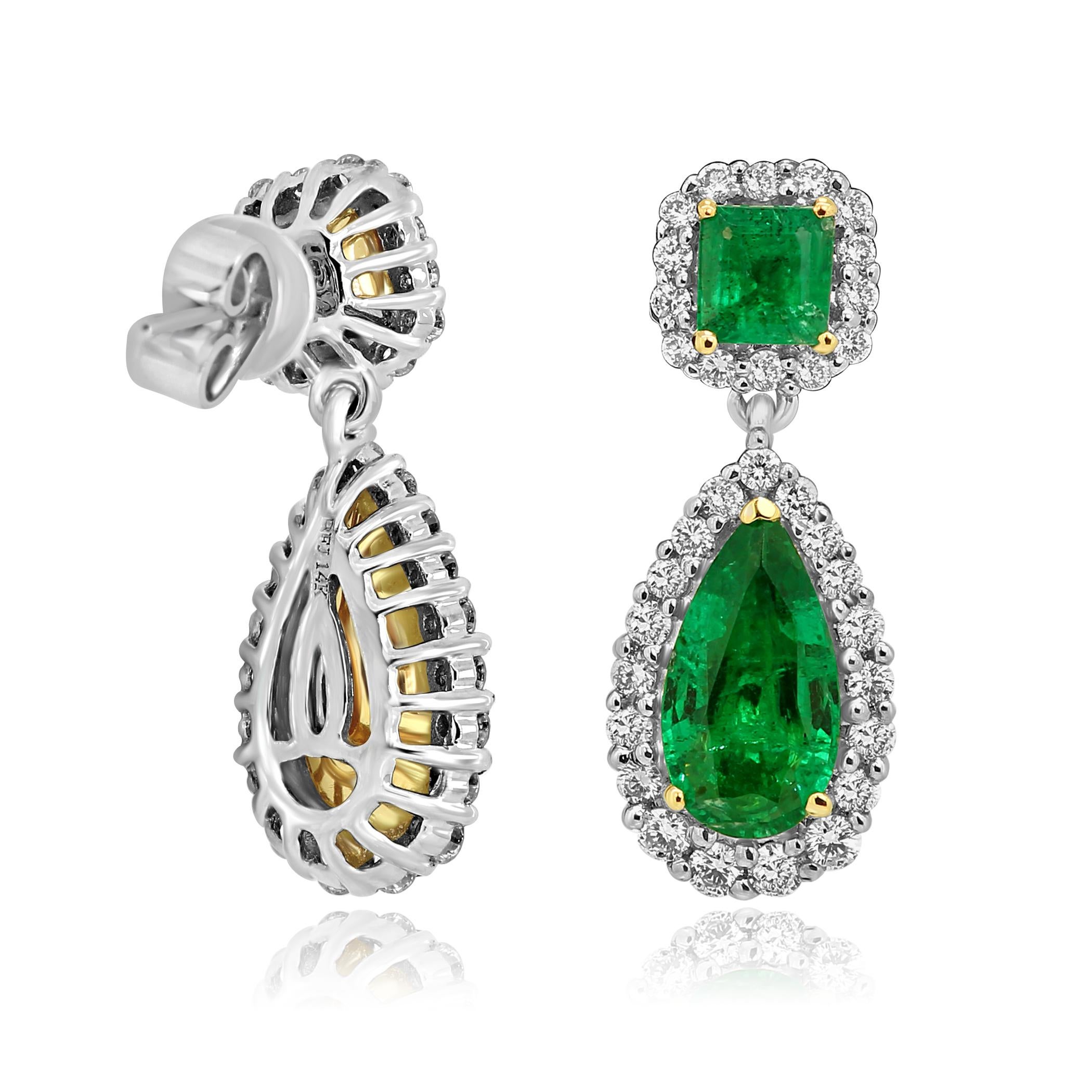 Emerald Pear White Diamond Halo Two-Color Gold Dangle Drop Earring In New Condition In NEW YORK, NY