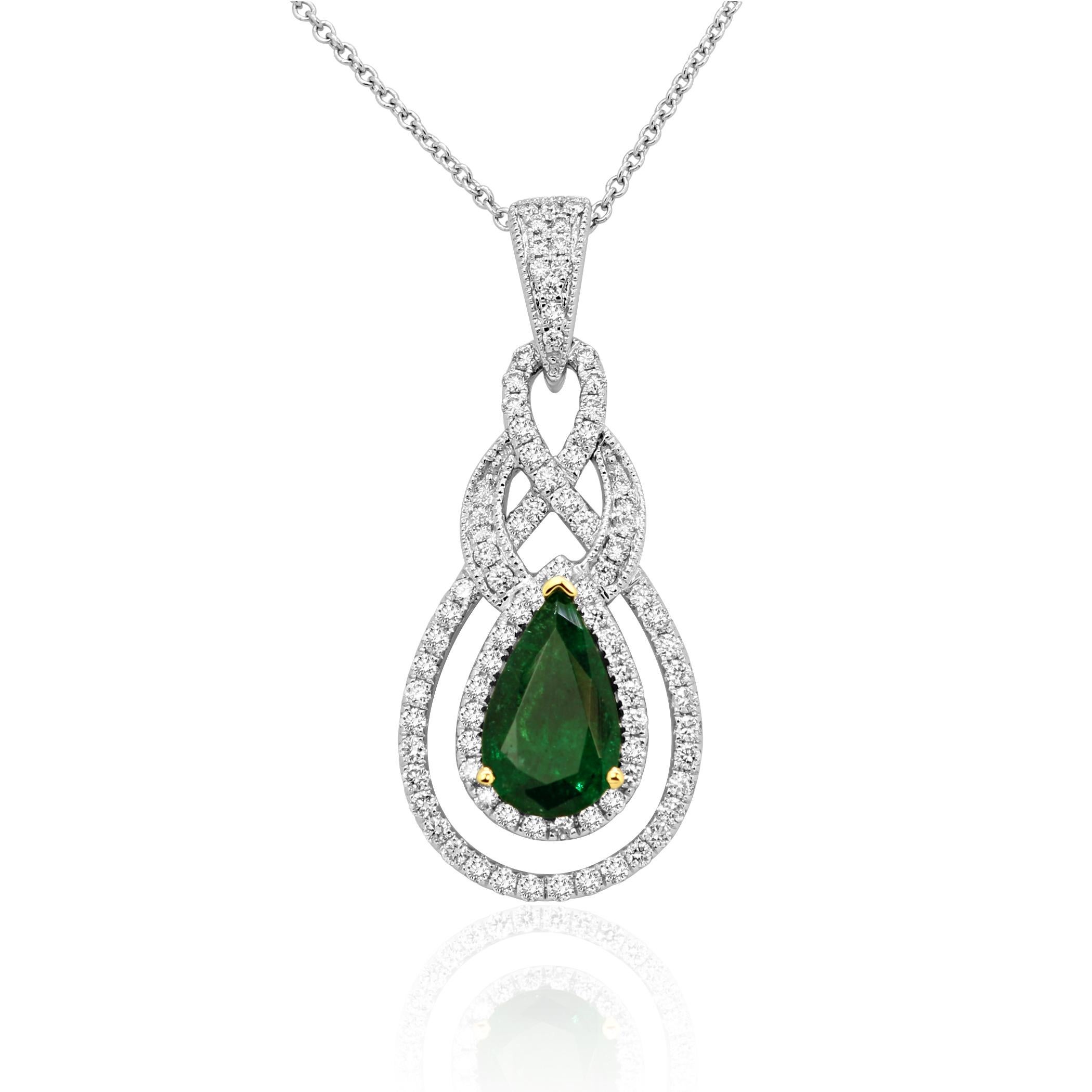 Gorgeous Emerald Pear 1.11 Carat Encircled in a Halo of White Round Diamonds 0.58 Carat in 14K White and Yellow Gold Stunning Pendant Necklace.

Style available in different price ranges. Prices are based on your selection of 4C's Cut, Color, Carat,
