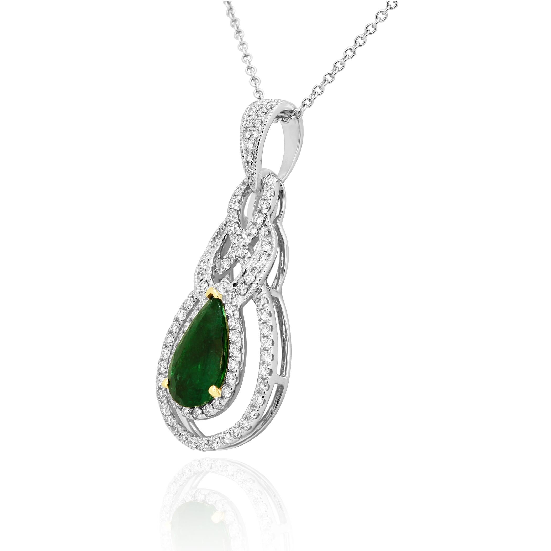 Contemporary Emerald Pear White Diamond Halo Two-Color Gold Pendant Necklace