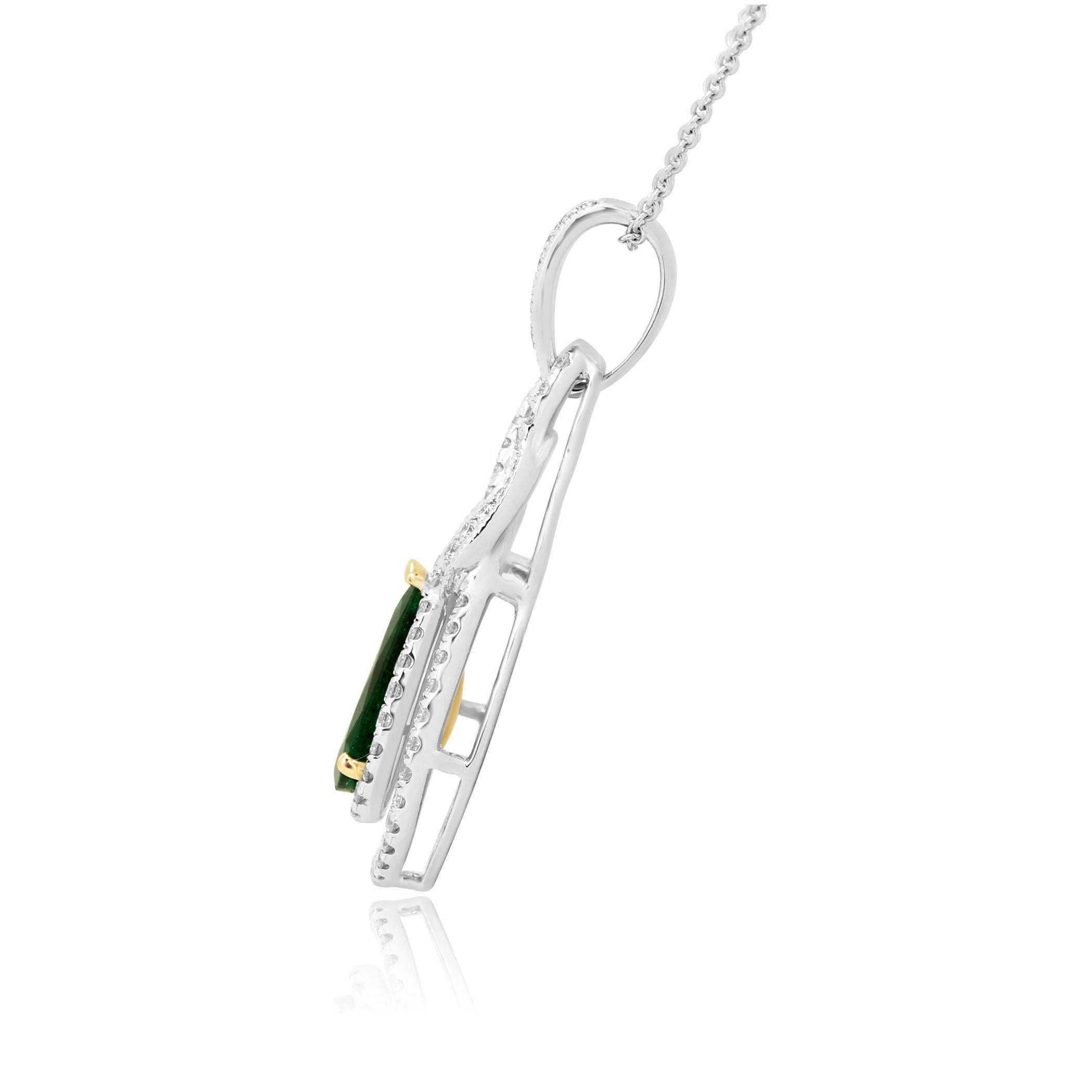 Pear Cut Emerald Pear White Diamond Halo Two-Color Gold Pendant Necklace