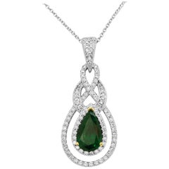 Emerald Pear White Diamond Halo Two-Color Gold Pendant Necklace