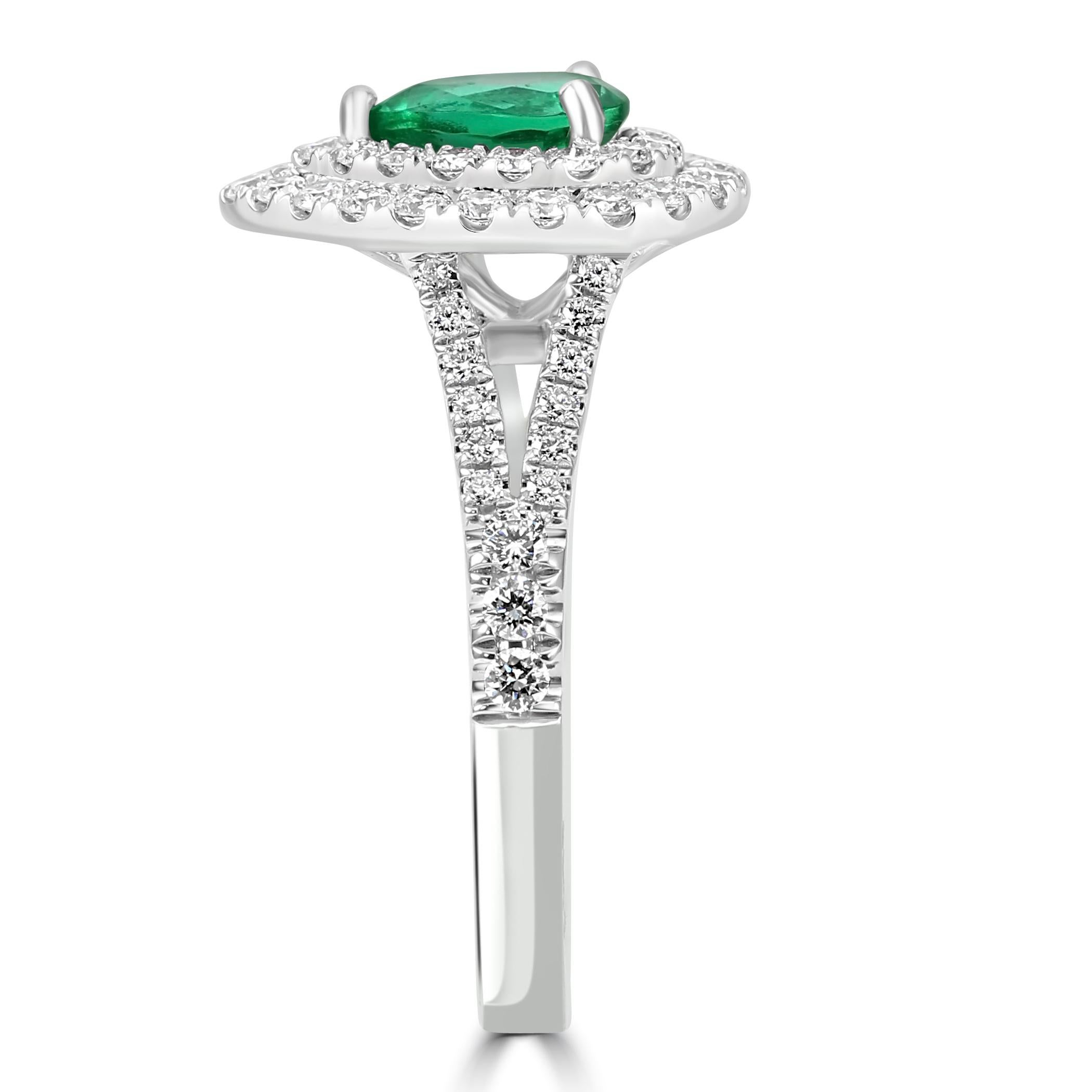 Bague de fiançailles émeraude poire et diamant blanc rond en or 18 carats Neuf - En vente à New York, NY