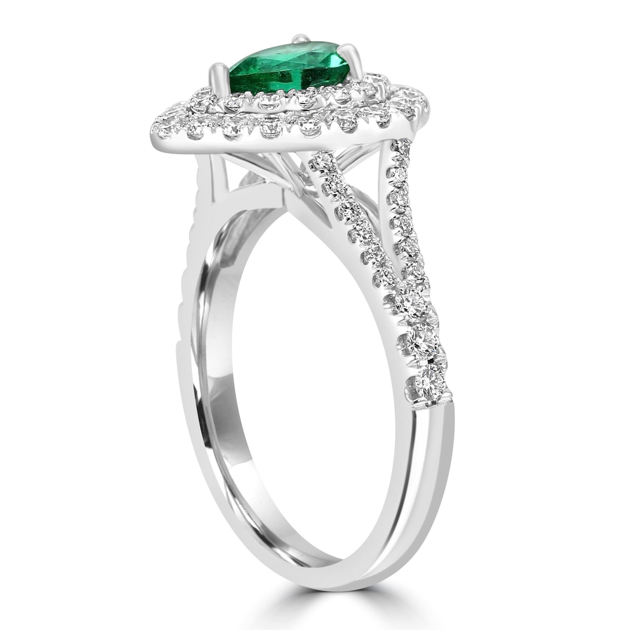 Bague de fiançailles émeraude poire et diamant blanc rond en or 18 carats Unisexe en vente