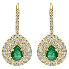 Emerald Pear & White Diamond Round Double Halo 14K Yellow Gold Dangle Earring