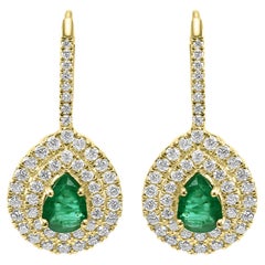Pendiente Esmeralda Pera y Diamante Blanco Redondo Doble Halo Oro 14 Kilates