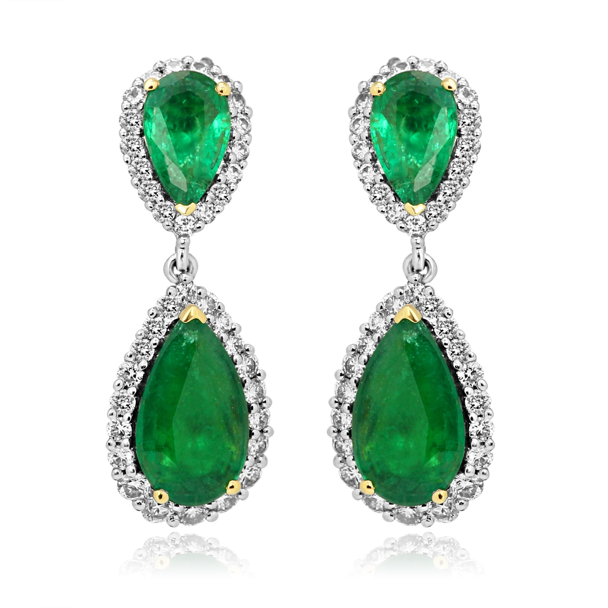 4 Emerald Pear Shape 6.24 Carat Encircled in a Single Halo of White G-H Color VS-SI Clarity 1.55 Carat Round Brilliant Diamonds in Stunning Hand Made 14K White and Yellow Gold Dangle Drop Earrings.

Style available in different price ranges. Prices