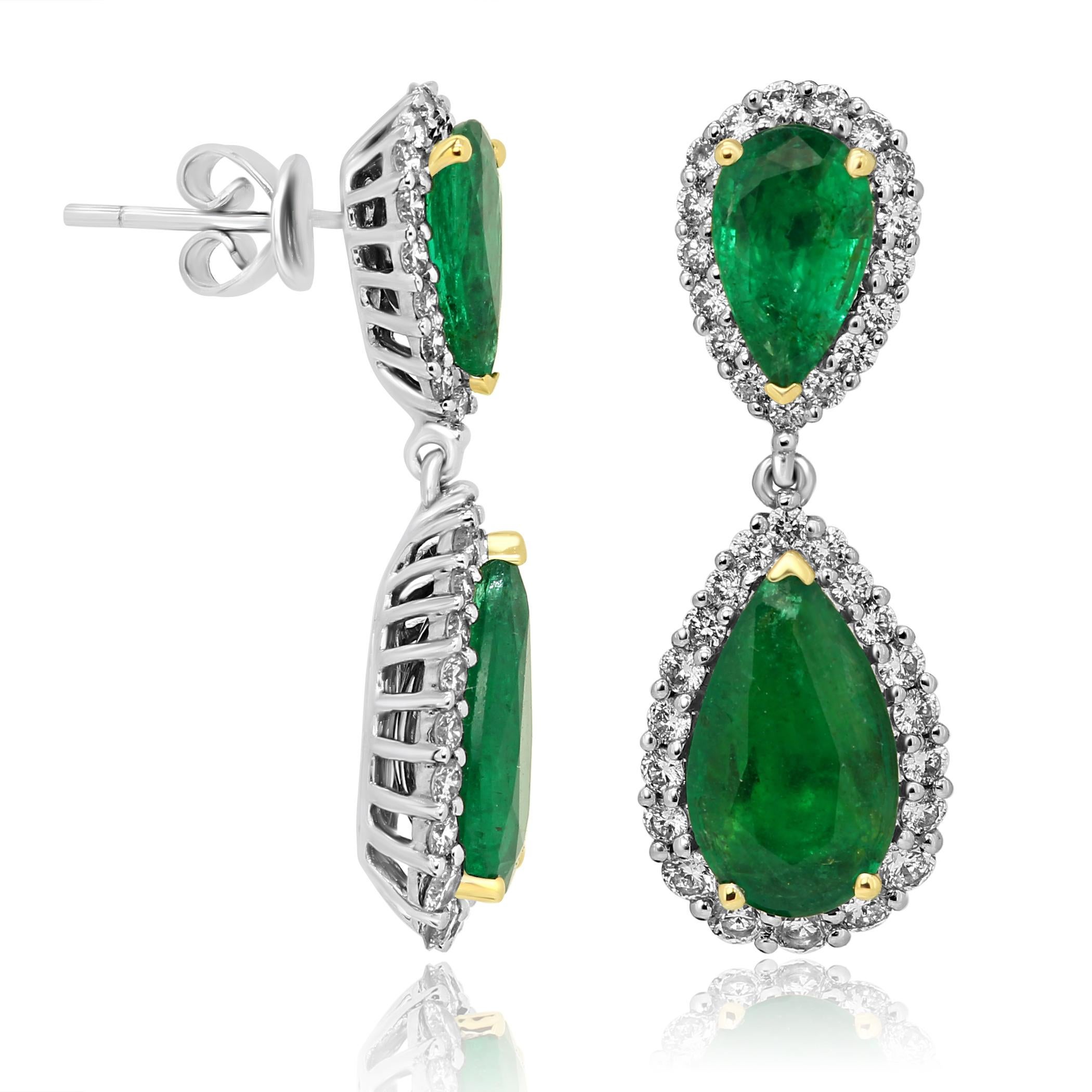 Modern Emerald Pear White Diamond Round Halo Two-Color Gold Dangle Drop Fashion Earring