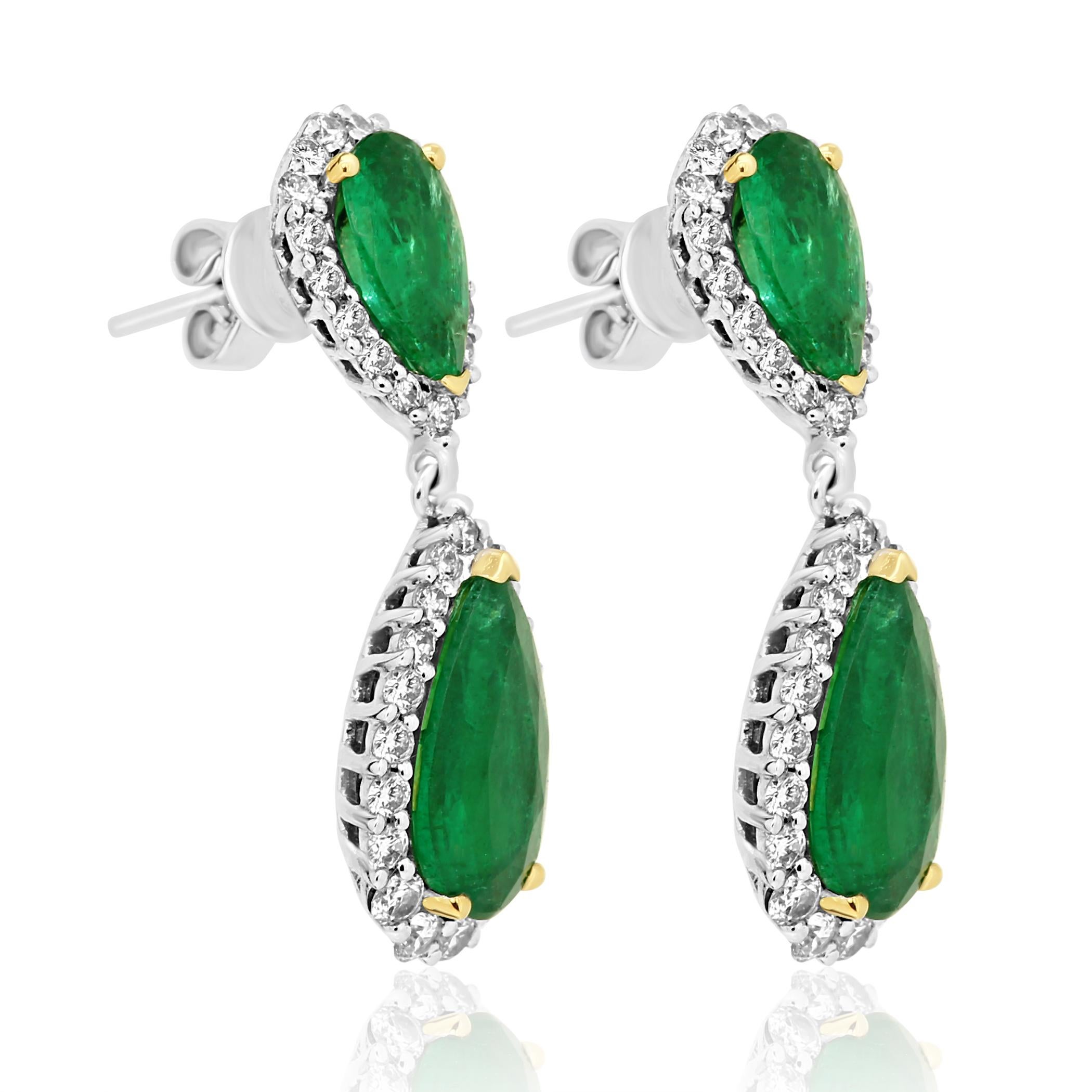 Pear Cut Emerald Pear White Diamond Round Halo Two-Color Gold Dangle Drop Fashion Earring