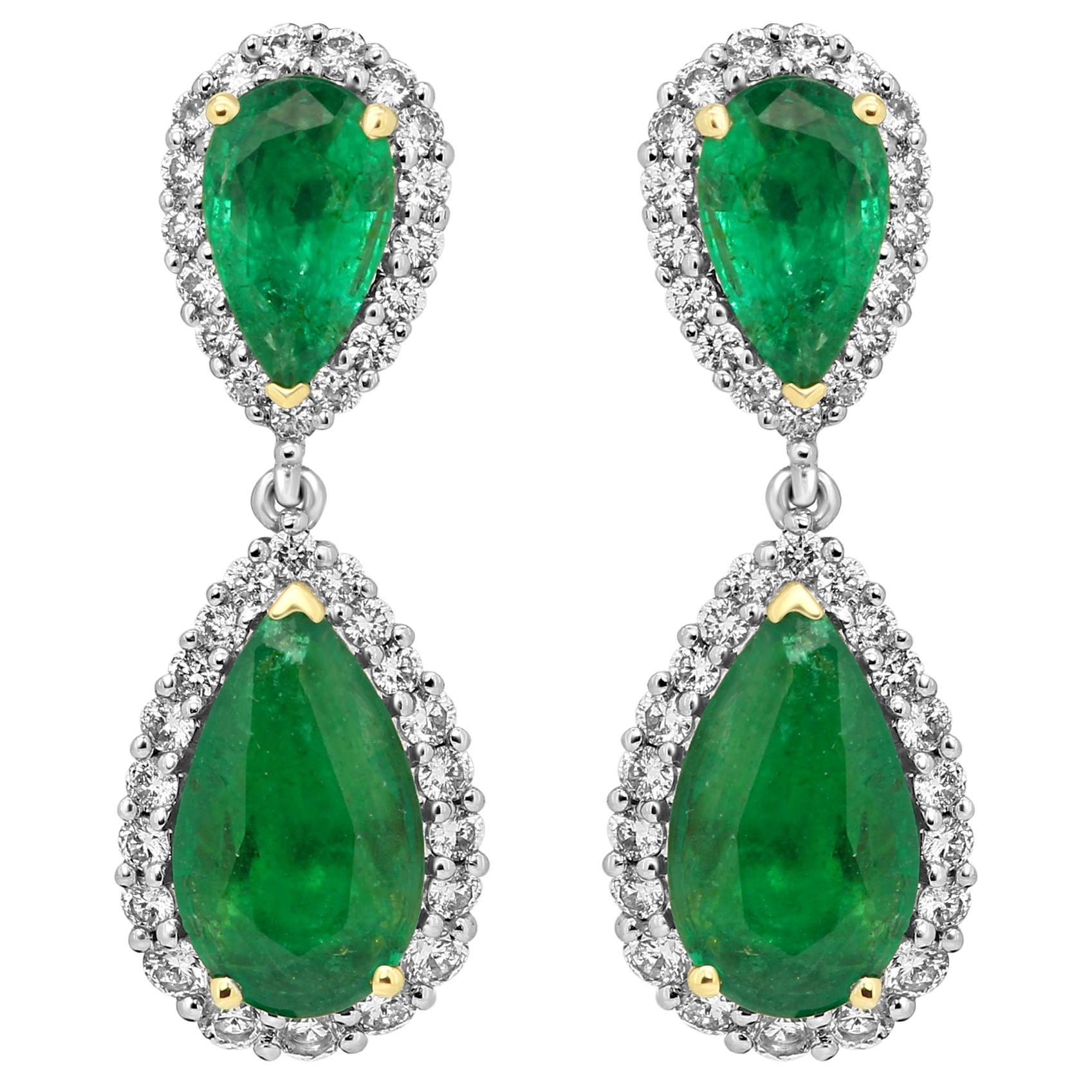 Emerald Pear White Diamond Round Halo Two-Color Gold Dangle Drop Fashion Earring