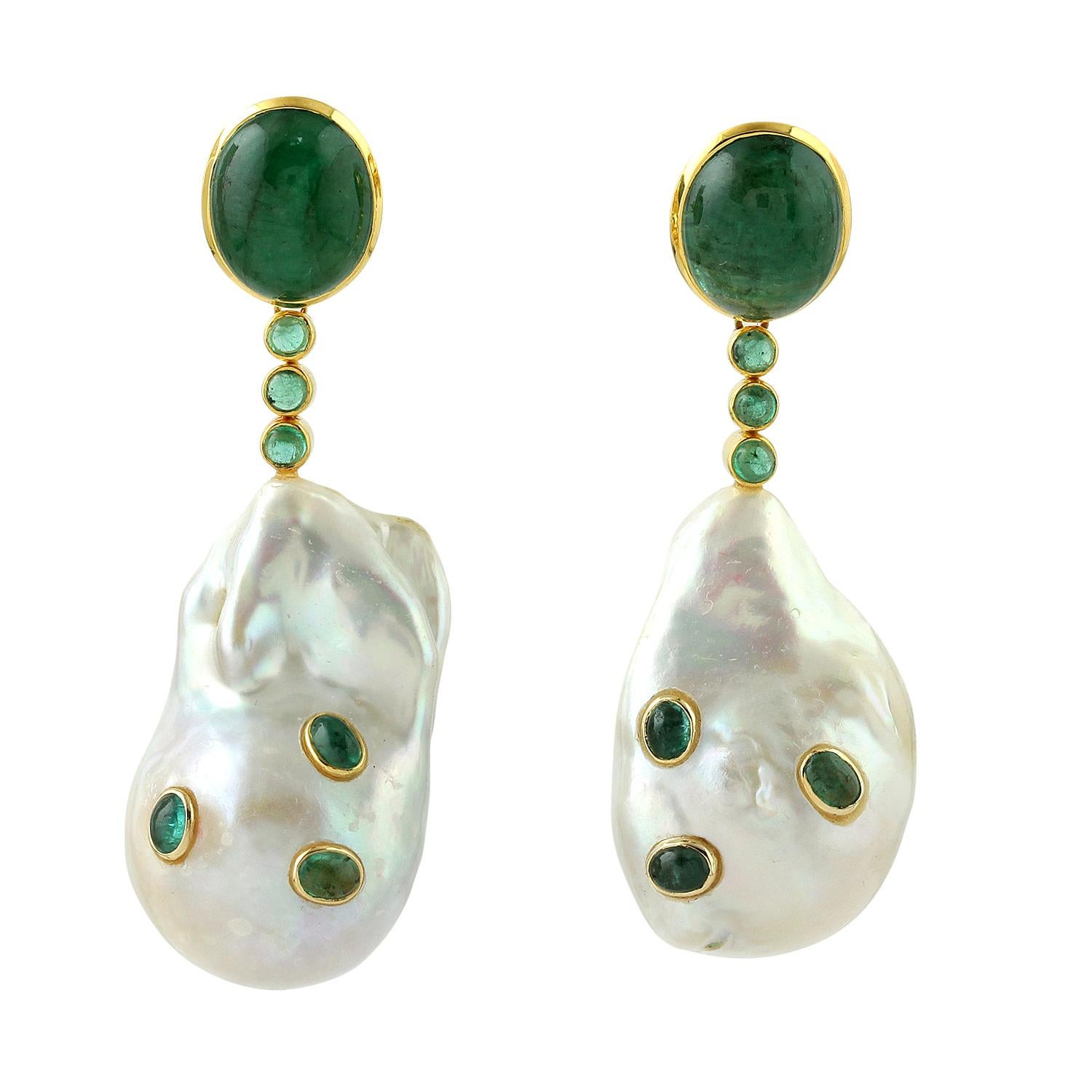 Mixed Cut Emerald Pearl 18 Karat Gold Earrings For Sale