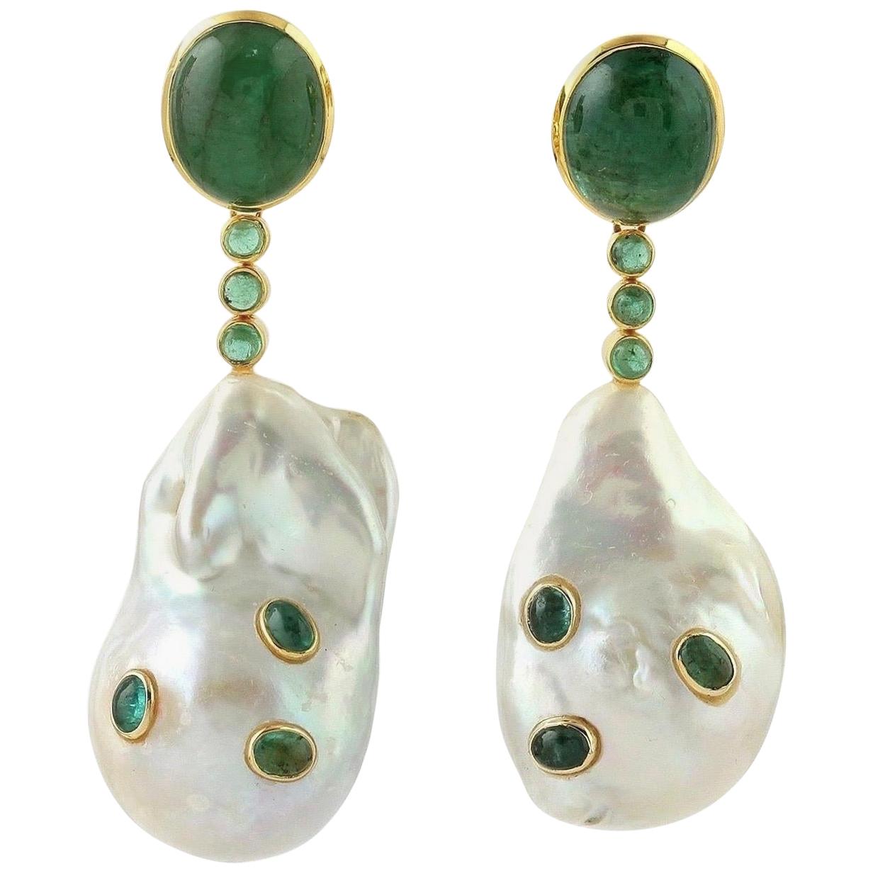 Emerald Pearl 18 Karat Gold Earrings For Sale
