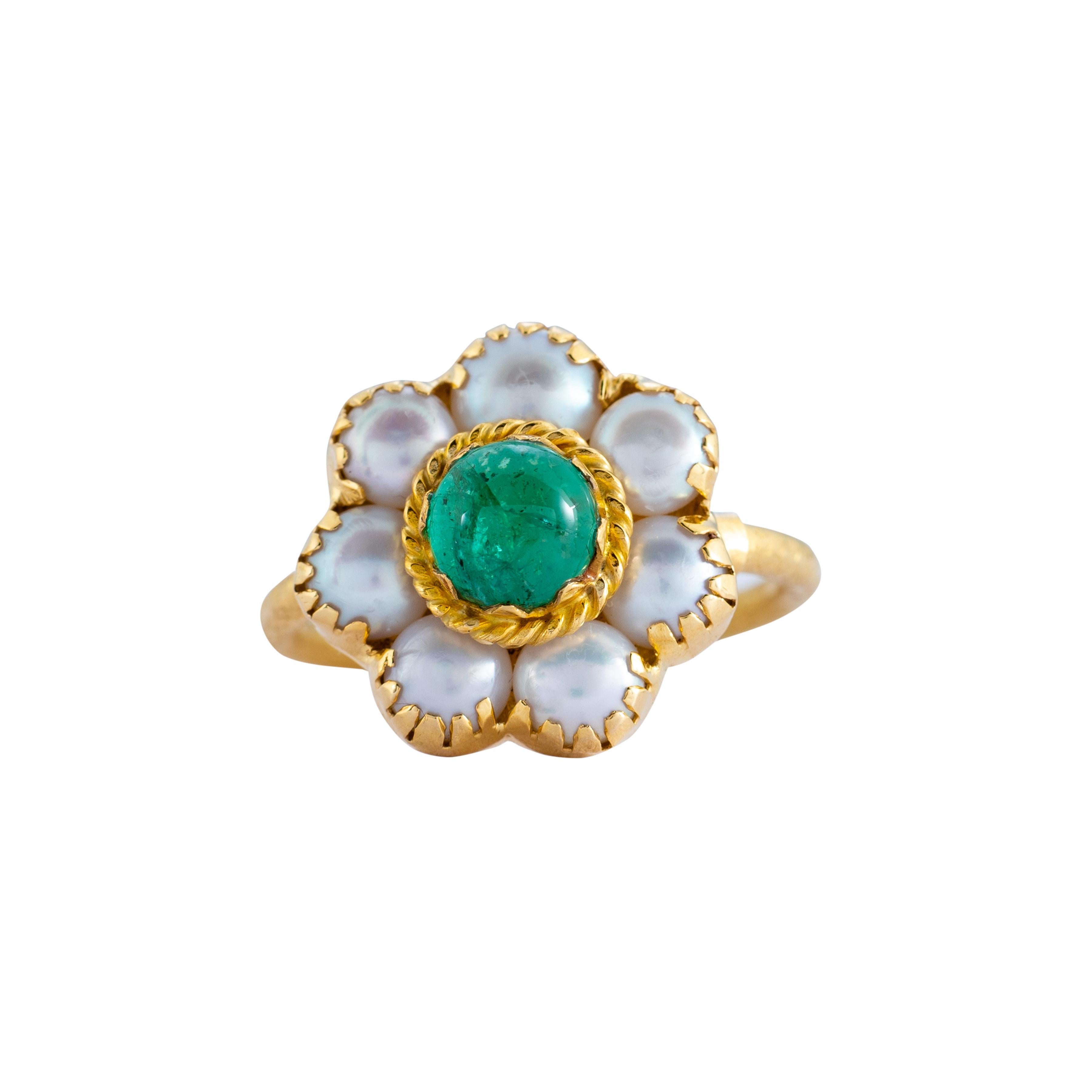 Donna Anello a grappolo con perla smeraldo in oro 18k in vendita