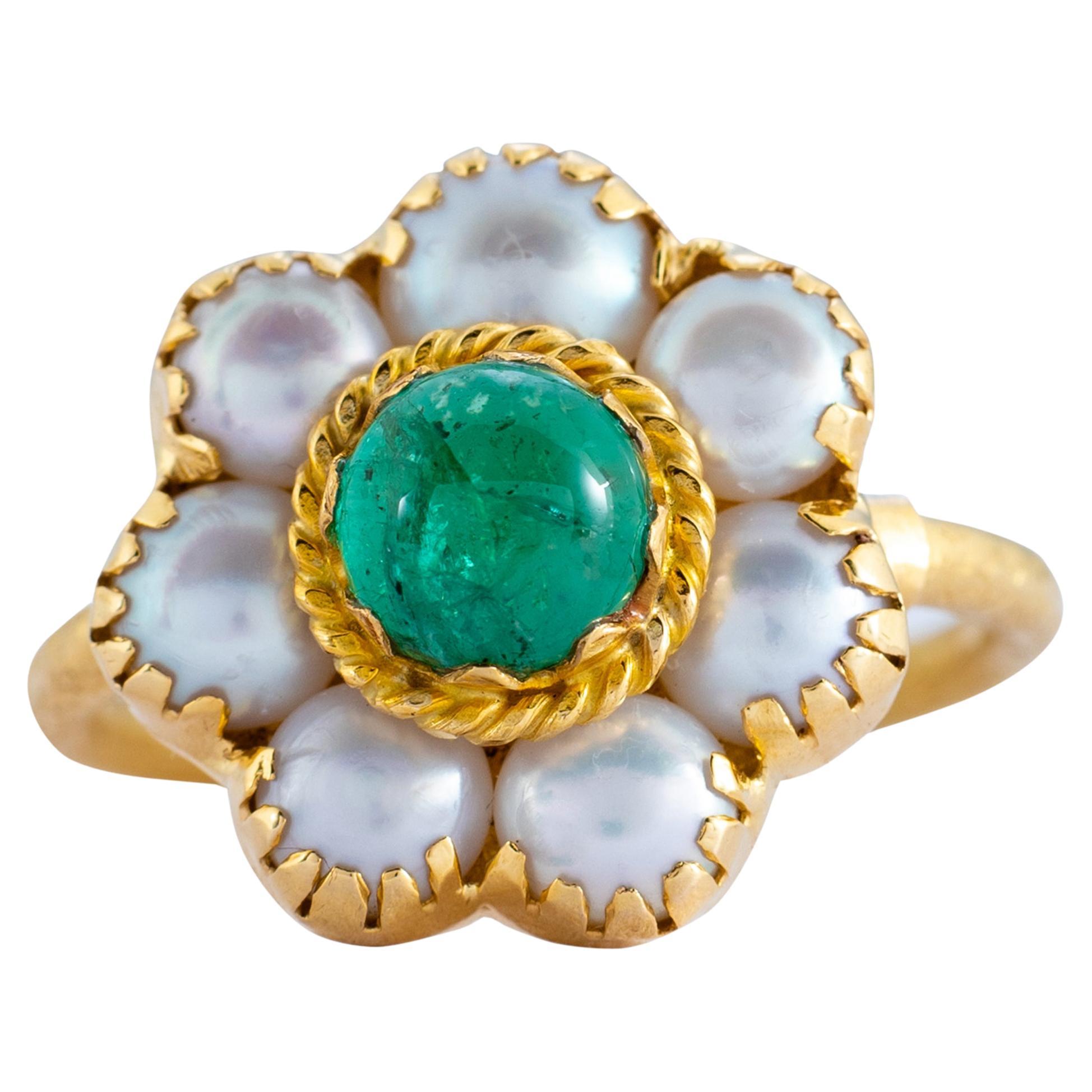 Emerald Pearl 18k Gold Cluster Ring For Sale