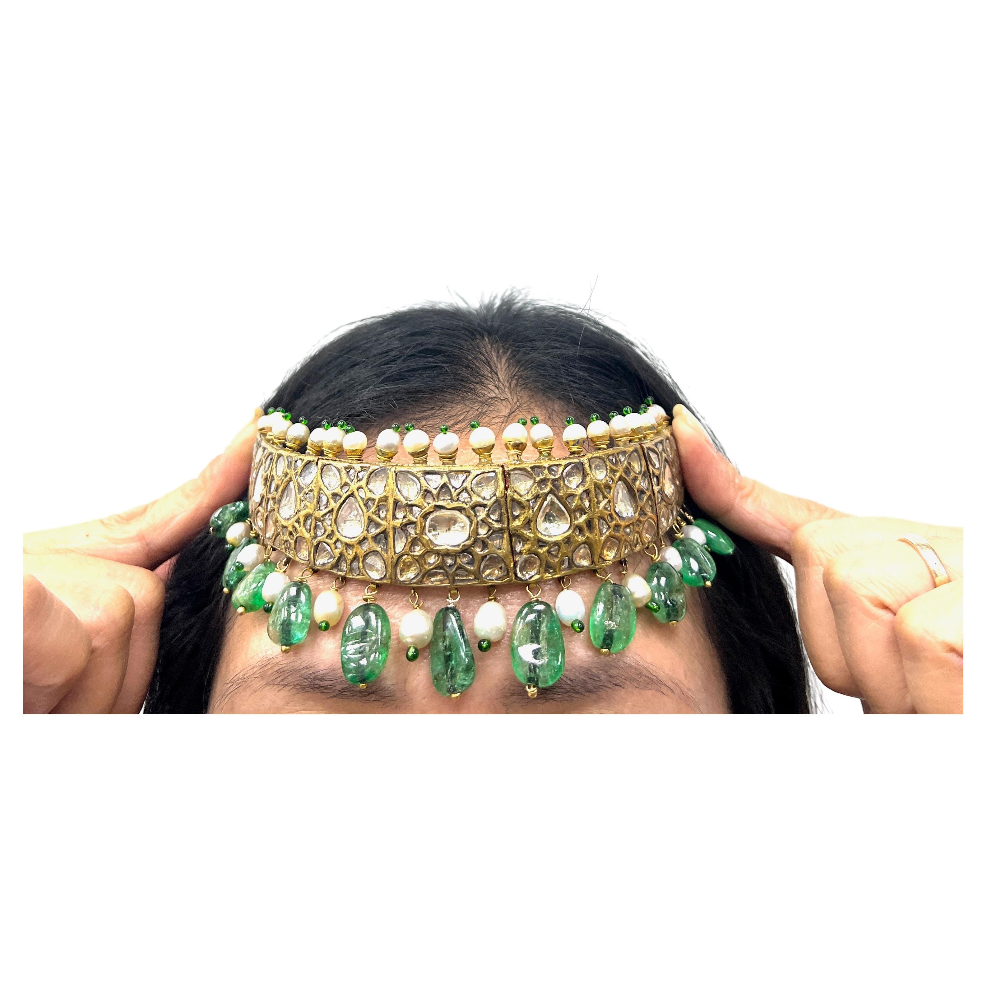 Emerald Pearl 18k Yellow Gold Indian Headwear For Sale 5
