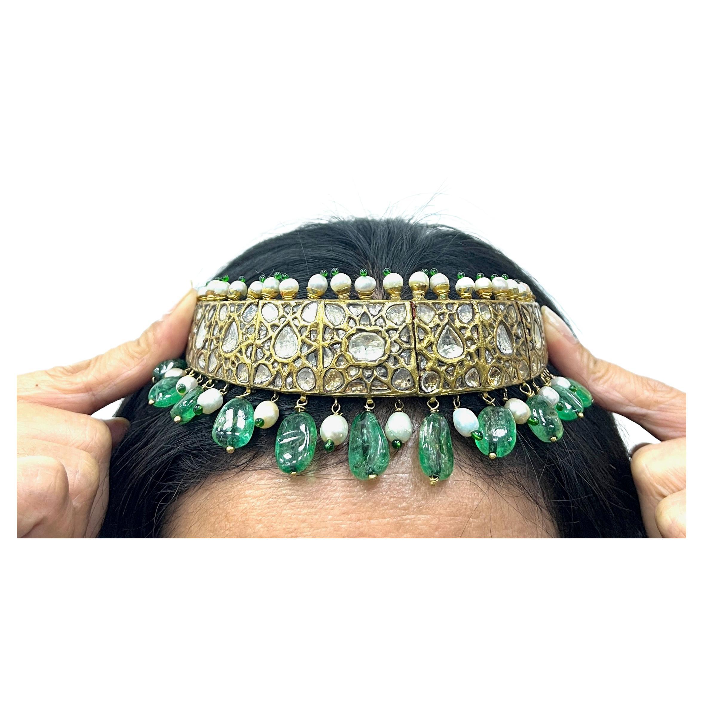 Emerald Pearl 18k Yellow Gold Indian Headwear For Sale 6