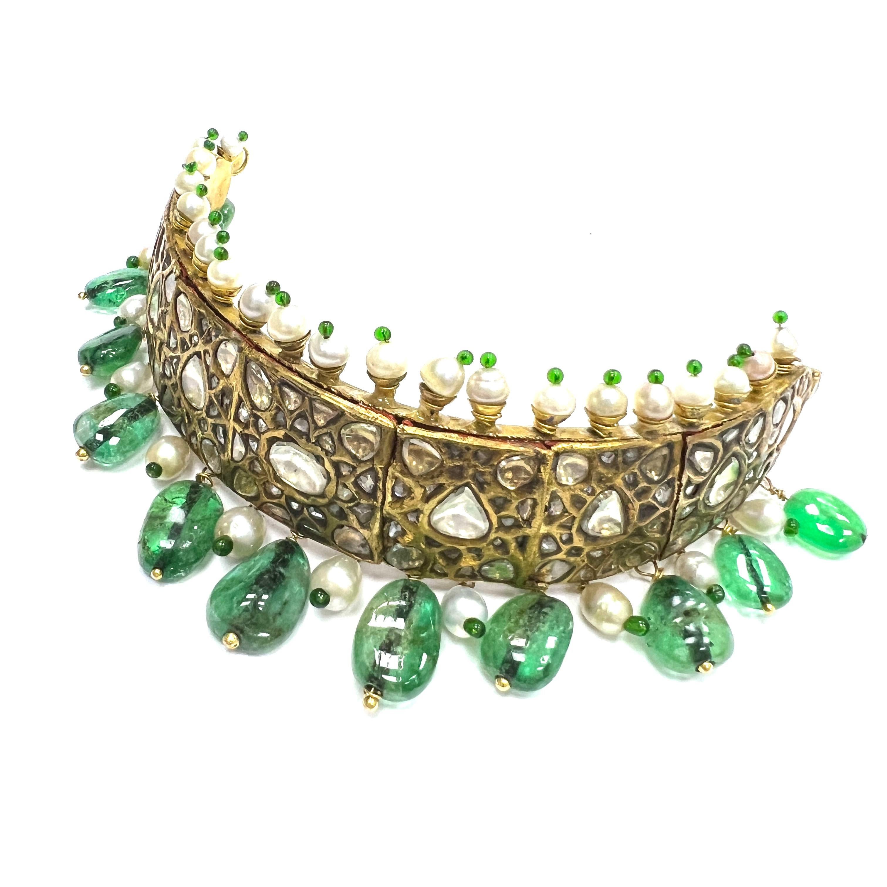 Uncut Emerald Pearl 18k Yellow Gold Indian Headwear For Sale