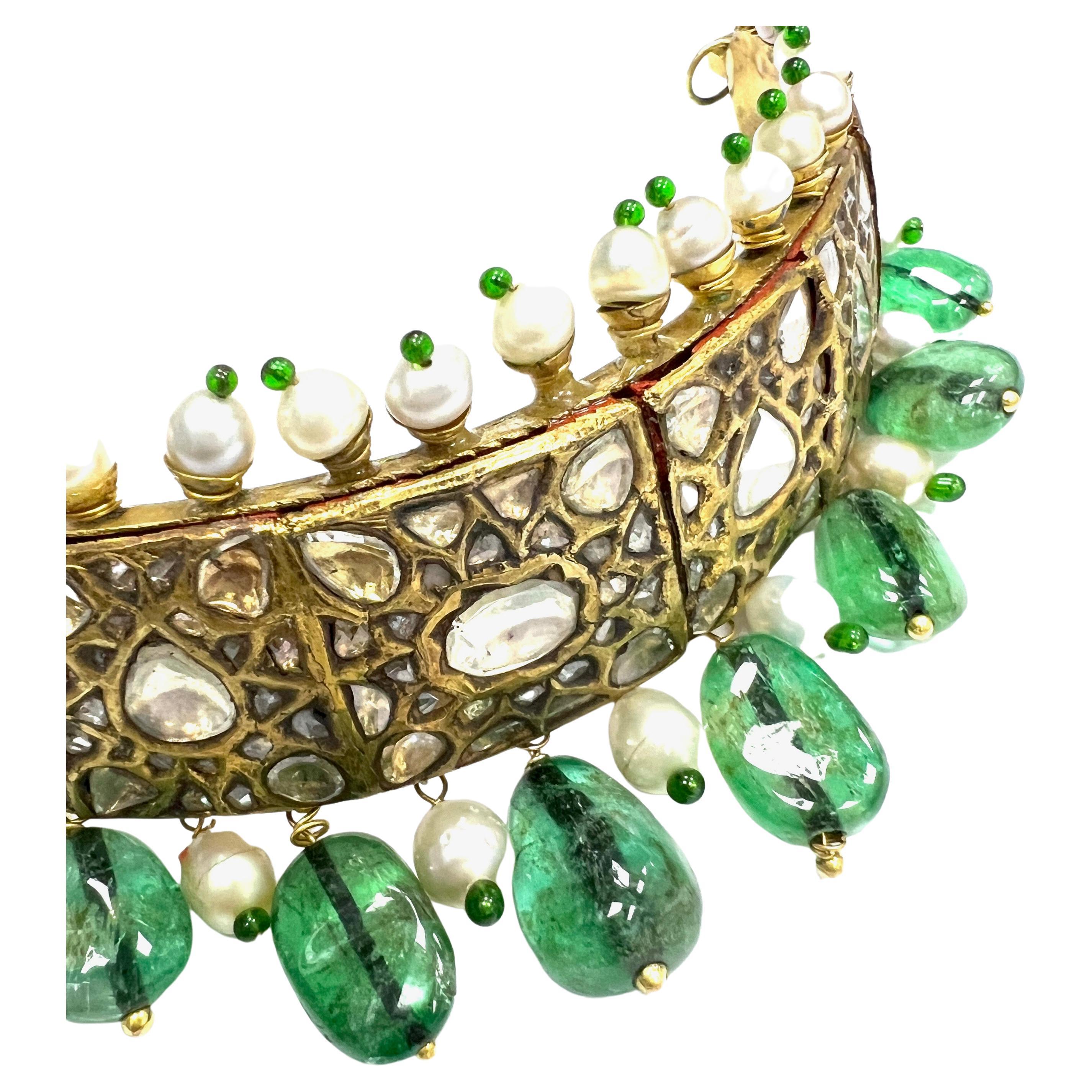 Smaragd Perle 18k Gelbgold Indische Kopfbedeckung im Angebot 3