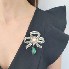 Emerald, Pearl, and Diamond Brooch