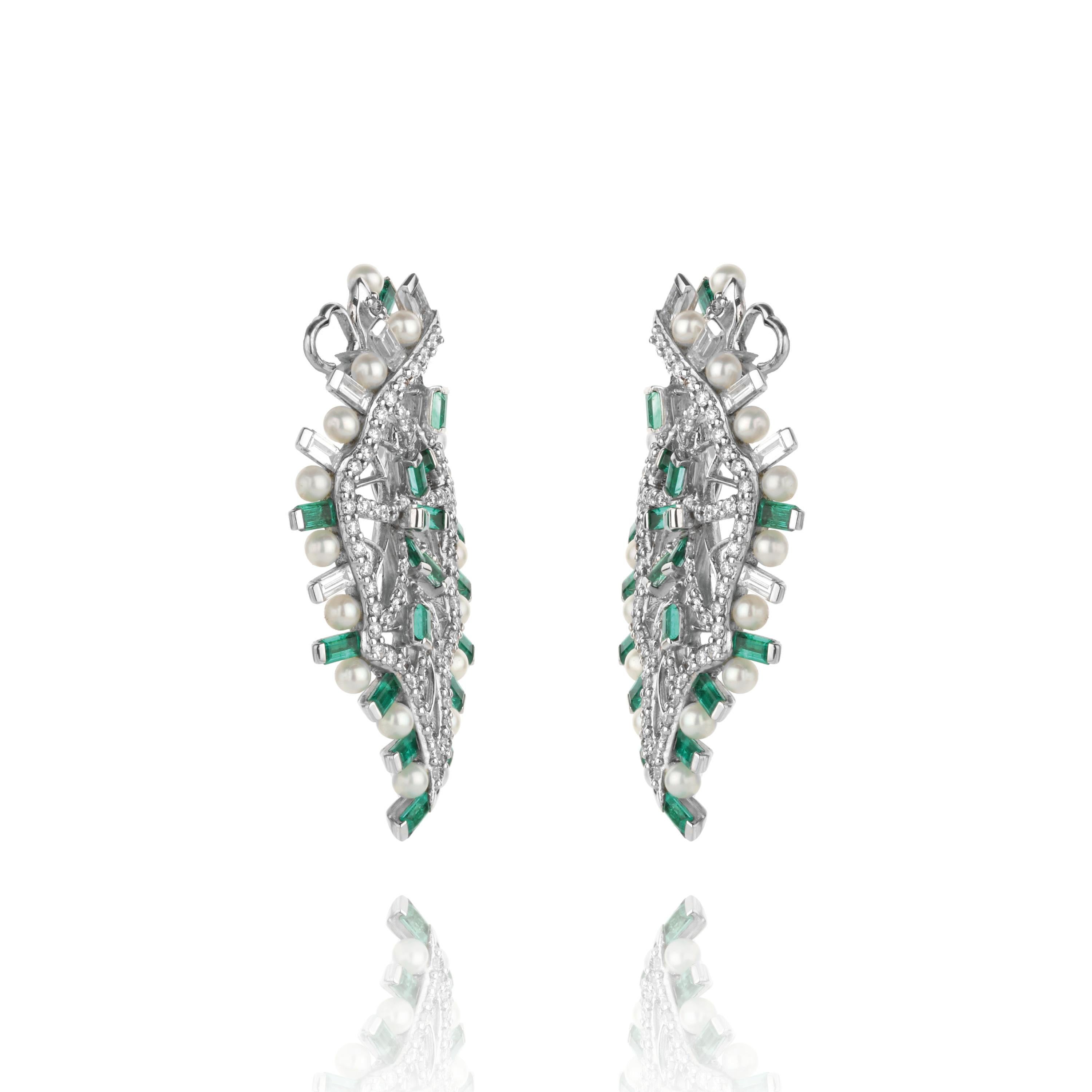 A Pair of Emerald, Pearl and Diamond Gold Earrings 