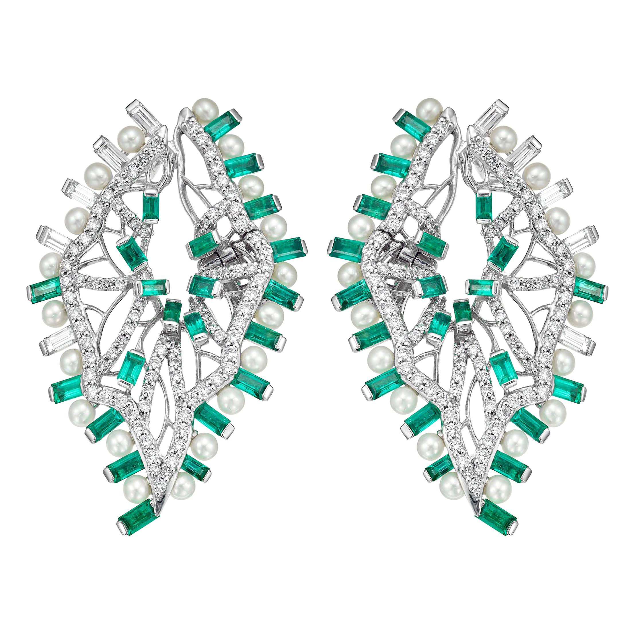 Emerald, Pearl and Diamond Sculptural Earrings For Sale