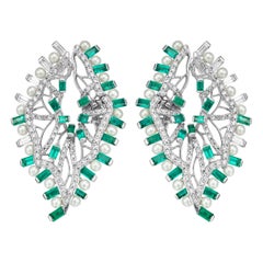 Emerald, Pearl and Diamond Sculptural Earrings