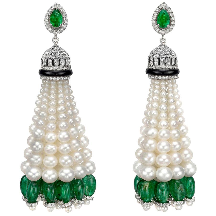 Emerald, Pearl and Diamond Tassel Earrings For Sale