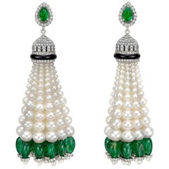 Emerald, Pearl and Diamond Tassel Earrings