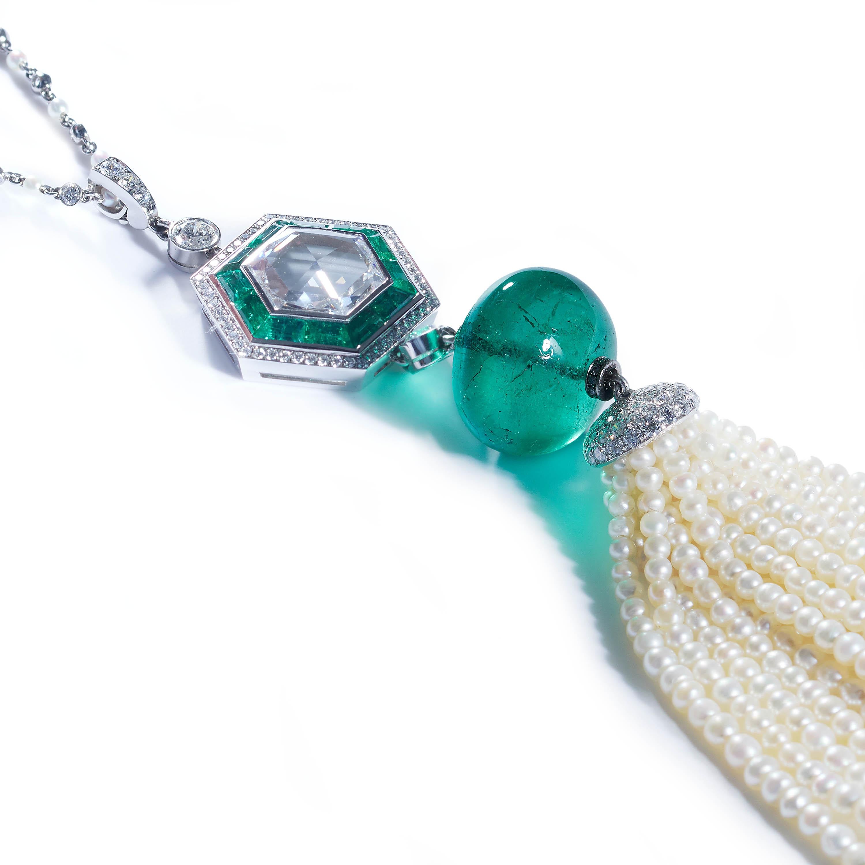 Modern Emerald, Pearl, Diamond and Platinum Tassel Pendant Necklace
