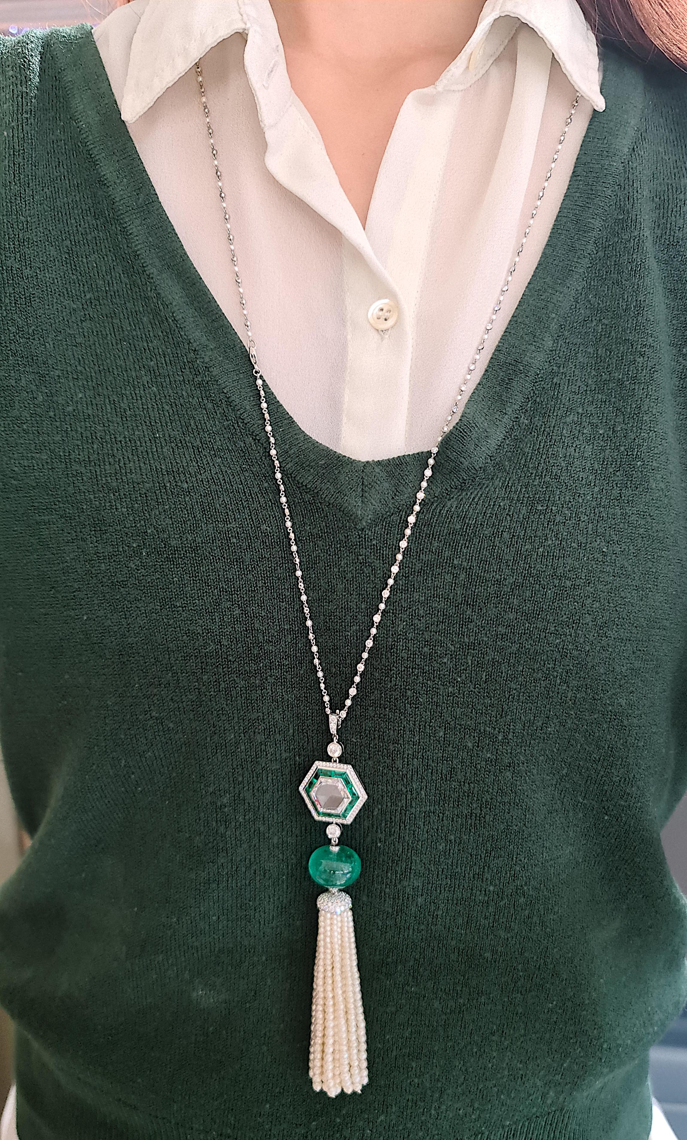 Cabochon Emerald, Pearl, Diamond and Platinum Tassel Pendant Necklace