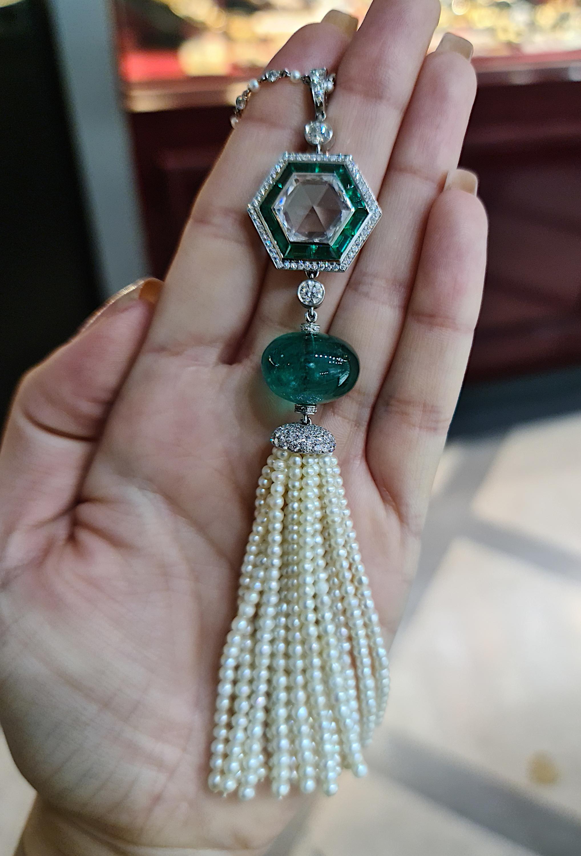 Women's Emerald, Pearl, Diamond and Platinum Tassel Pendant Necklace