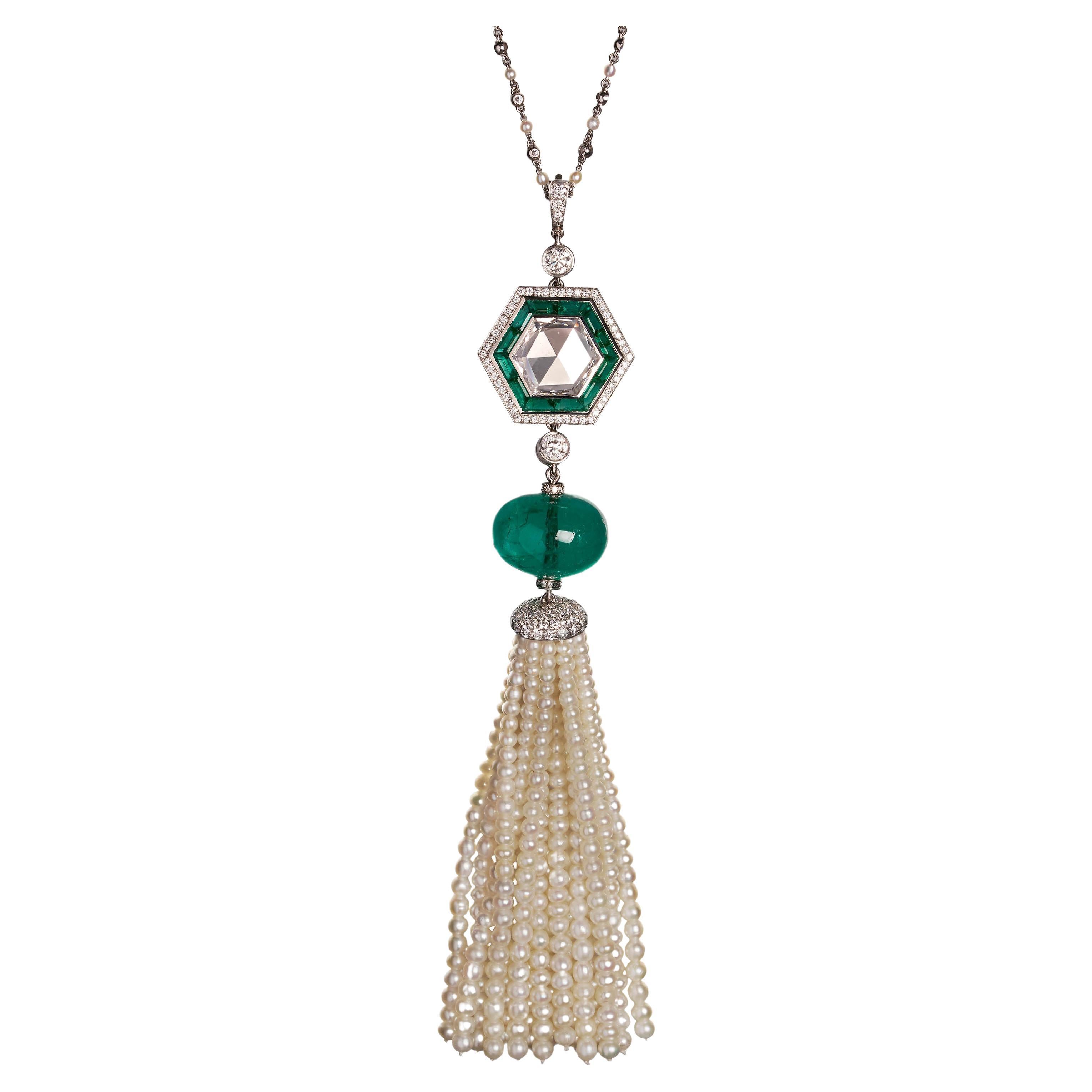 Emerald, Pearl, Diamond and Platinum Tassel Pendant Necklace